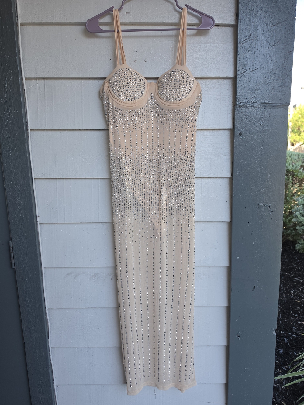 Nude Mesh Rhinestone Bustier Maxi Dress Sheer See Through Bodycon Womens 2XL